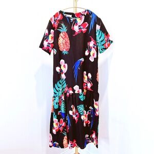 New Tropical patterns black midi dress with ruffles bottom